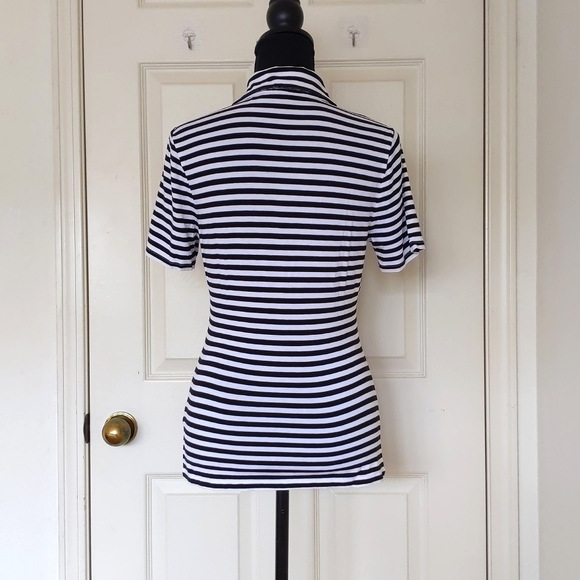 NWOT. The Limited Rayon and Spandex Black and white Stripes Short Sleeve Polo. - Picture 2 of 4